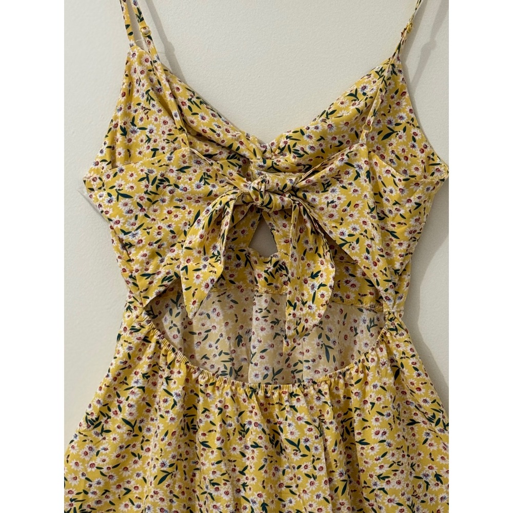 Yellow Ditsy Floral Fit & Flare Mini Dress Cutout Tie Back M Cottagecore Summer - Picture 6 of 10